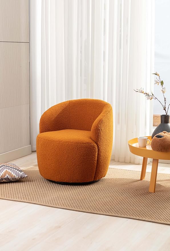 25.6'' Teddy Swivel Accent Chair for Living Room Small Round Swivel Chairs with Metal Base for BedroomBarrel Chairs for Bedroom Corner Or Small Spaces Cozy (Caramel)