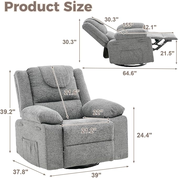 Swivel Rocker Recliner Chair for Adults with Massage and Heat Oversized Linen Fabric Glider Nursery Chair with Deep Seat High Backrest Upholstered Single Sofa for Living RoomGray