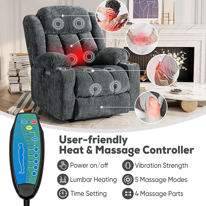 ABCASA Large Power Lift Chairs Recliners for Elderly with Heat ＆ Massage Upgraded Chenille Recliners USB-A ＆ C Cup Holder Side Pocket Grey Blue