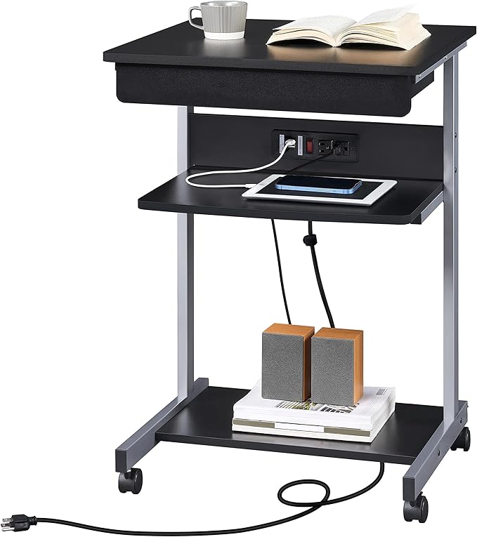 Yaheetech 22 in Laptop Computer Table Home Office Desk with Power Outlet for Small Space Mobile Compact Corner Workstation with Charging Station and USB Ports on Wheels Student Writing Table Black