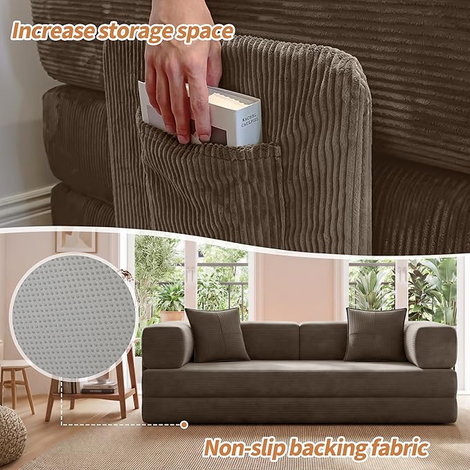 78.8 Convertible Sofa Bed with Armrest Pillow 4-in-1 Sleeper Couch Bed for Livingroom Modular Corduroy Boneless couches No Assembly (Brown)