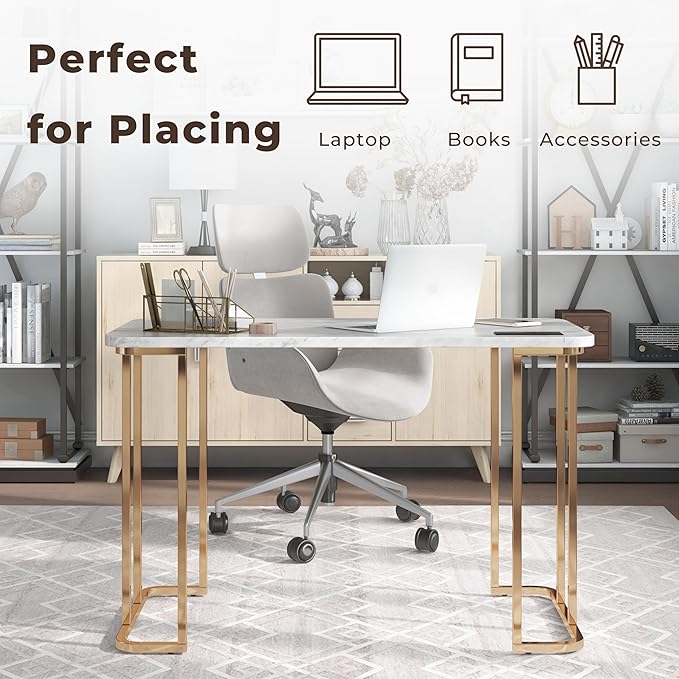HOMES: Inside + Out Sevehills Modern Metal 48 in. Writing Desk with USB Port for Home Office White and Gold