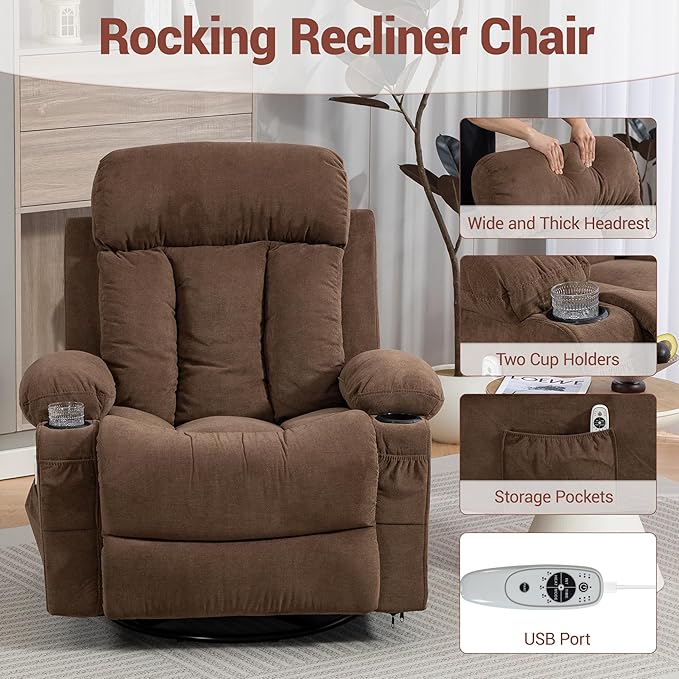 Recliner Chair for Adults with Vibration Massage and Lumbar Heating 360° Swivel Rocker Recliner Glider Chair with Cup Holder and USB Charge Port for Living Room Bedroom Brown