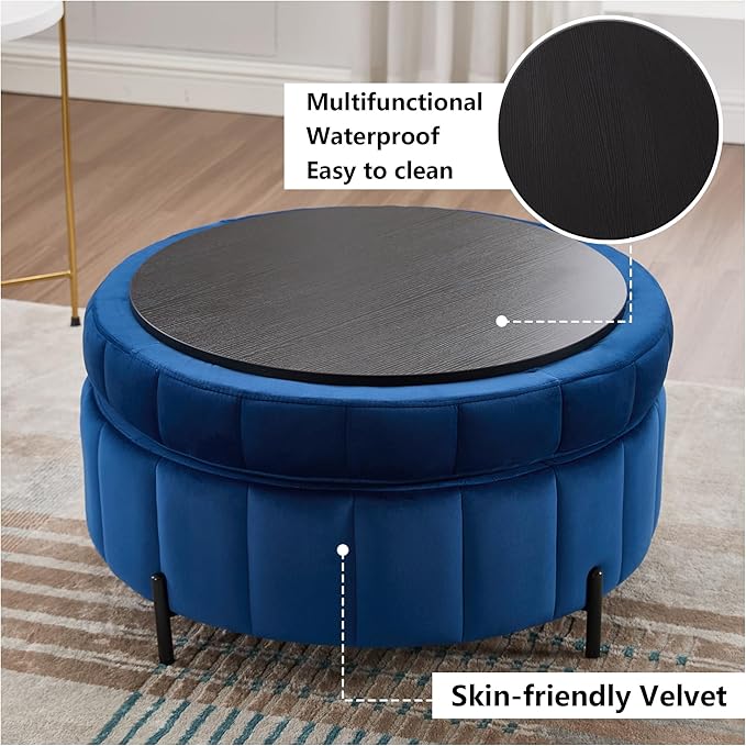 Navy Round Ottoman with StorageReversible Lid Upholstered Ottoman Coffee Table 31.5Circle Foot Stool for Living RoomBedroom