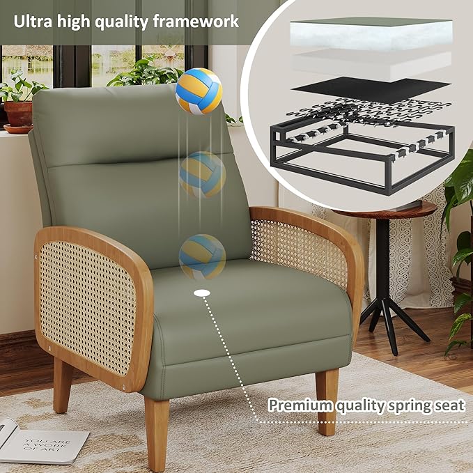 Andeworld Accent Chair Set of 2Upholstered Modern Living Room Chairs with Natural Rattan Arm Faux Leather Arm Chair with Wooden Legs for Bedroom Club Balcony Reception Green