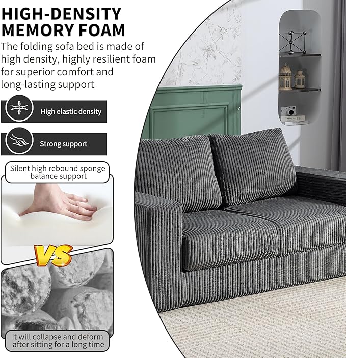 J.C.UP 69'' Convertible Sofa Bed Pull Out Loveseat Sleeper Sofa 2 Seater Boneless Folding Sofa Bed Floor Couch with Deep Seat Chaise Lounge for Living Room Bedroom No Assembly Required Gray