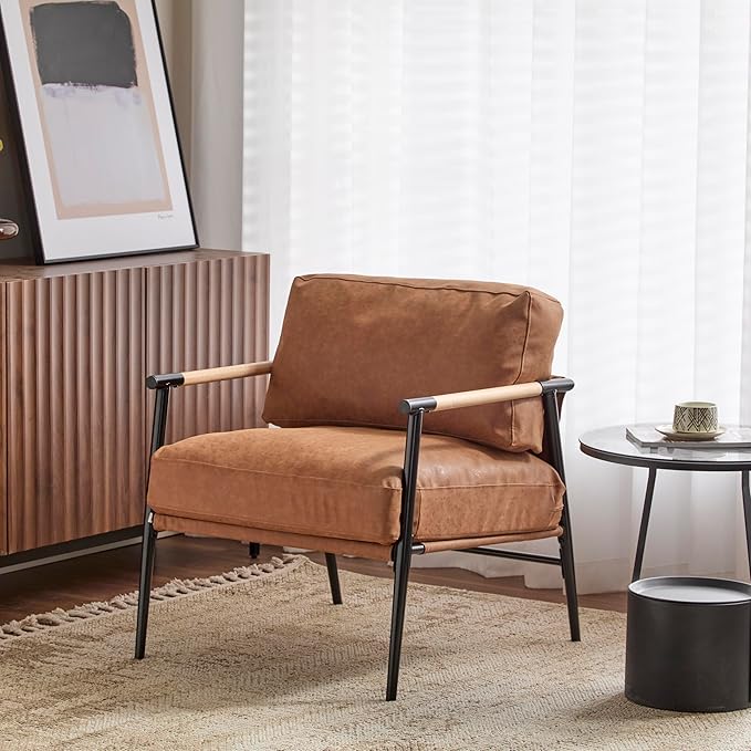 Merax Modern Accent Chair with PU Leather Cushions and Wooden Armrest Design Living Room Accent Chair with Metal Frame for Living Room Bedroom or Office Seating Easy Assembly Brown(PU Leather)