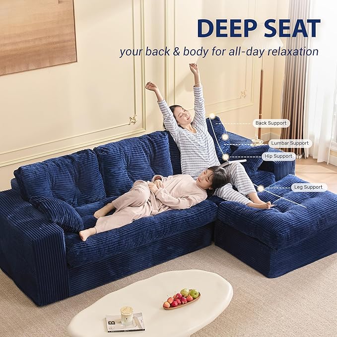 Modular Sectional Sofa 102” L-Shaped Corduroy Couch with Ottoman Deep Seat Comfy Sectional for Living Room Set of Soft Upholstered Cloud Couch for Apartment Blue