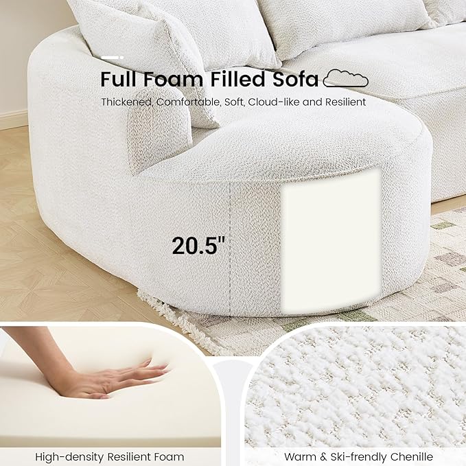126” Oversized Curved Sectional Sofa L Shaped Chenille Boneless Couch with Deep Seat &amp 7 Pillows for Living Room Bedroom No Assembly Required (White)