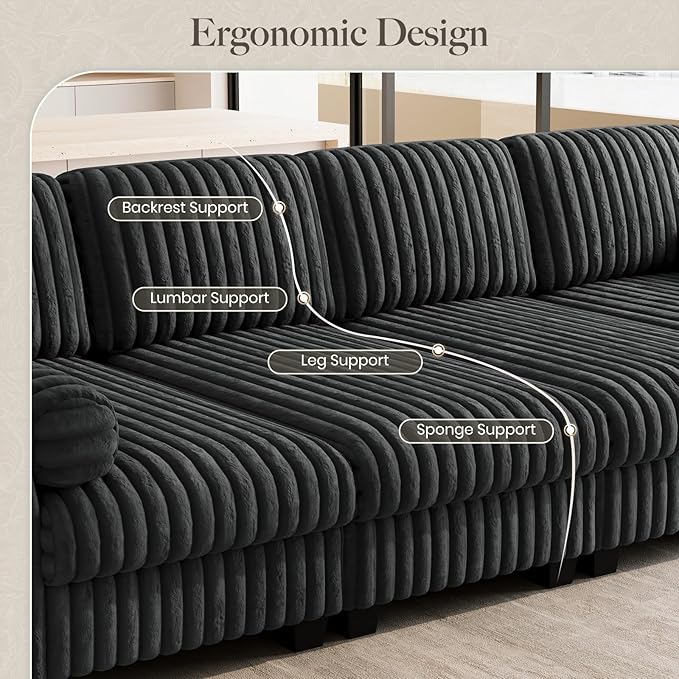 Belffin Plush Corduroy Modular Cloud Sofa Bed with Deep Seat Sectional Cloud Couches for Living Room. Grey Couch
