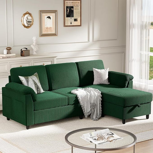 Meilocar Sectional Sofa Couch for Living Room 79 Sectional Couch with Storage Ottoman L Shaped Couches with Armrests Side Storage Pockage 3-Seat Sofa Couches for Living Room Apartment Green