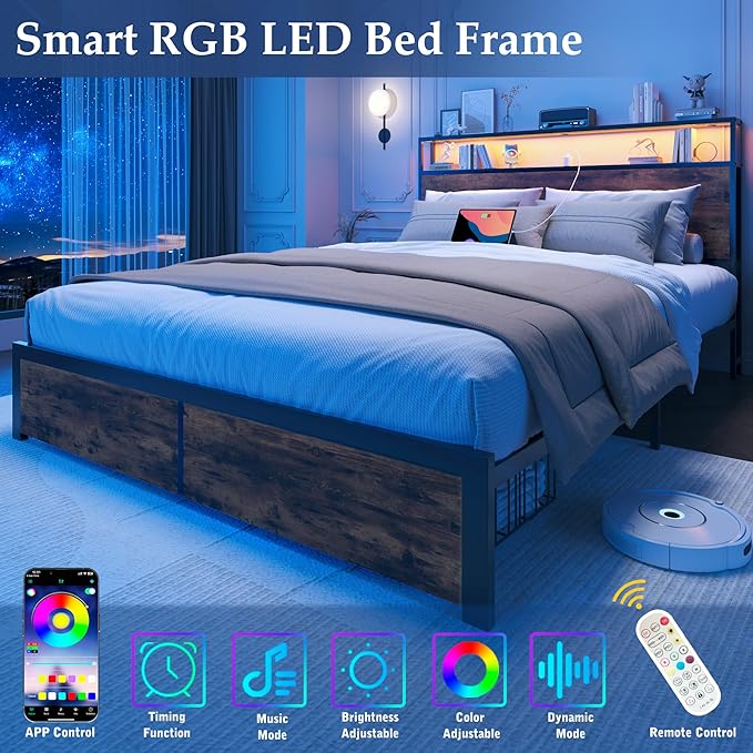 Lifezone Queen Bed Frame with 2-Tier Storage Headboard Metal Bed Frame with Storage Drawers &amp Built-in Charging Station &amp LED Noise-Free No Box Spring Needed Easy Assembly Rustic Brown