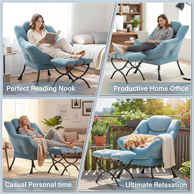Cozy Lazy Chair and Ottoman Large Contemporary Velvet Blue Accent Chair Set Modern Leisure Upholstered Reading Armchair for Office Bedroom Living Room Dorm Rooms Balcony