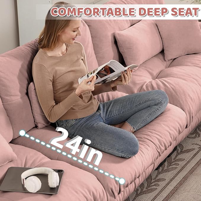 94.4 L-Shape Modular Cloud Sectional Sofa with Chenille Plush Fabric - 2 Seater Couch with Deep Seat and Movable Ottoman for Living Room Apartment and Office - Pink