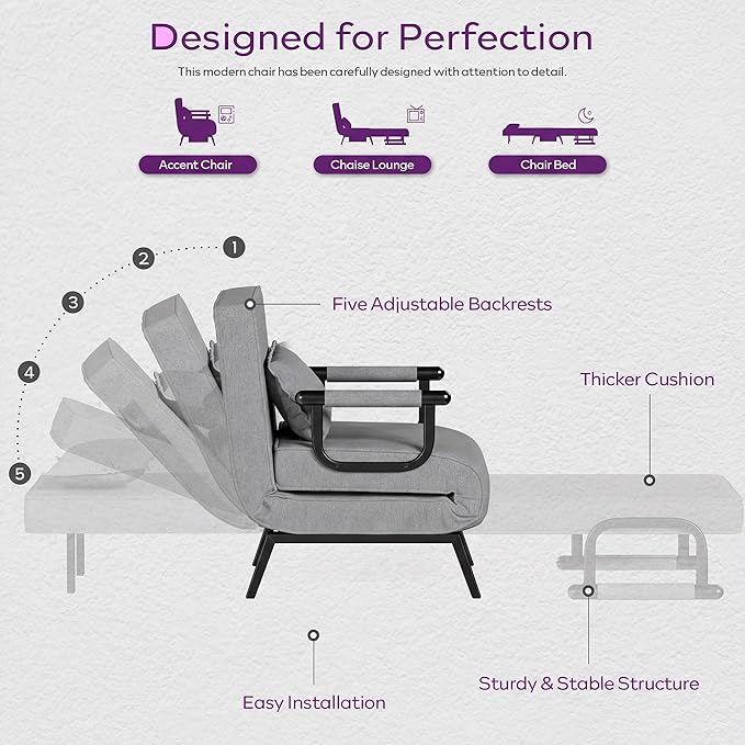 TYBOATLE Folding Chair Bed Comfy Convertible Sleeper Sofa 5 in 1 Folding Bed with 5-Position Adjustable Backrest &amp Pillow Floor Single Chairs Cozy Futon Chair for Small Spaces Office (Light G