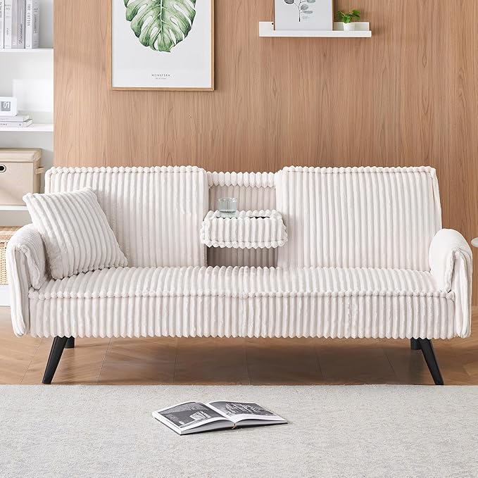72” Corduroy Futon Sofa Bed with Pillows Modern Convertible Futon Couch with 2 Cup Holders&amp Metal Legs for Small Spaces Living Room Solid Wood Frame (White)