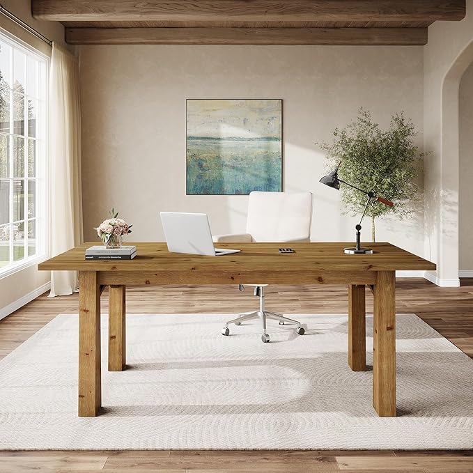 Solid Wood Executive Desk 63-Inch Computer Desk with Sturdy Wooden Legs Farmhouse Workstations Writing Table Conference Table Business Furniture for Home Office