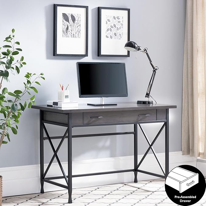 BOWERY HILL Contemporary Writing Computer Desk 46 D x 22 W x 30 H Sturdy Wood Matte Black Finish X-Side Design Drop Front Drawer Full Extension Guides Home Office Desk with Wire Management