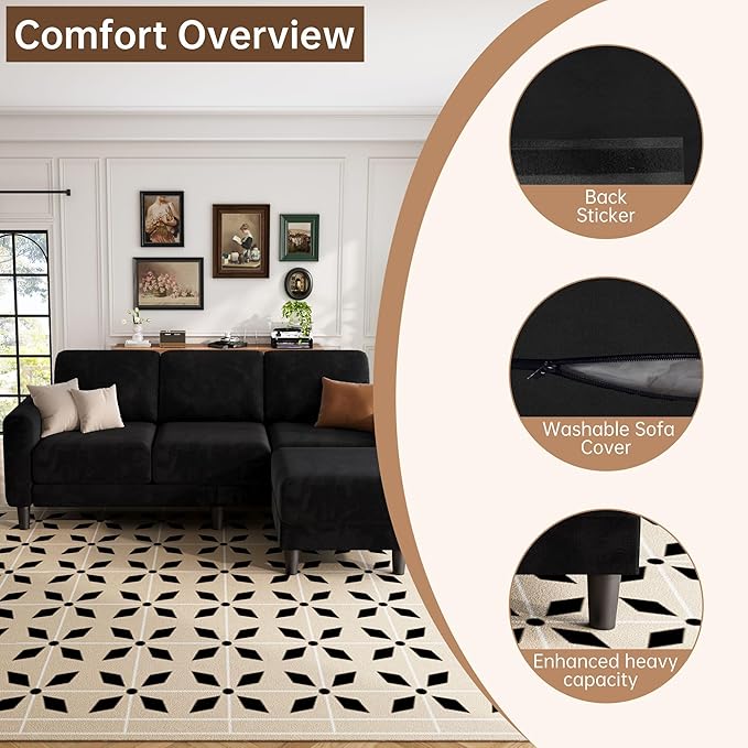 ZeeFu 73 Sectional Sofa Couch for Living Room L Shaped Couch with Extra Thick Deep Seat Cushions 3 Seater Convertible Sofa with Movable Ottoman for Small Apartment 650lbs Heavy Duty