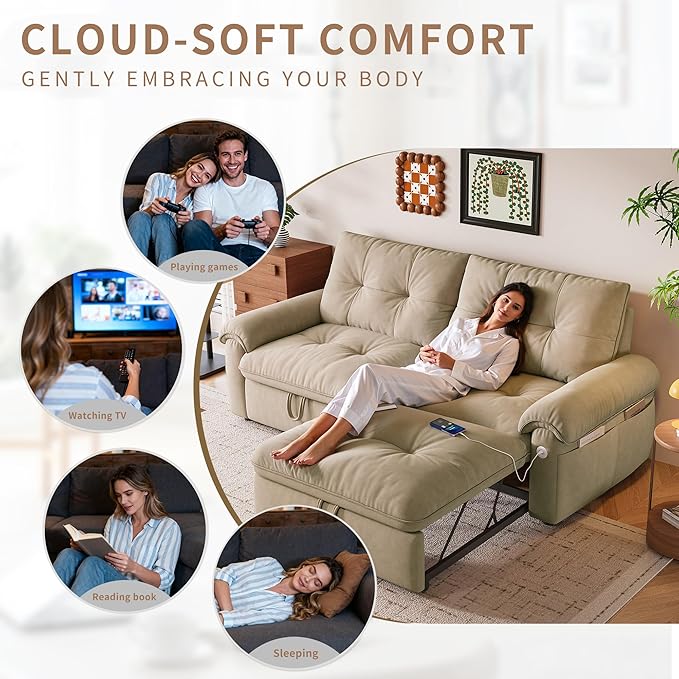 77 Pull Out Sofa Bed Velvet Convertible Sleeper Couch Loveseat Chaise Lounge with Side Pockets and USB Pullout Futon Sofa Bed for Living Room Bedroom Small Spaces RV (Brown)