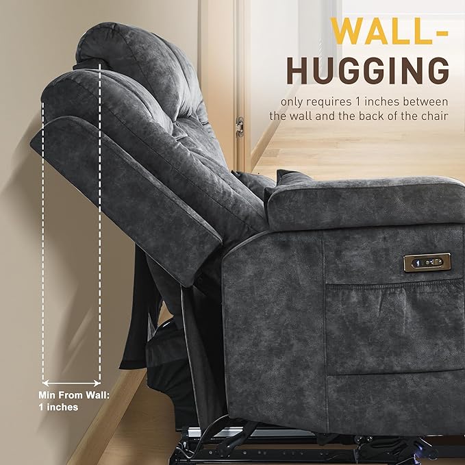 URRED Wall Hugger Power Recliner Sofa RV Double Reclining 3-Seater Couch for Living Room with LED Lights USB Ports Cup Holders and Side Pockets Outlets Drawer Velvet Fabric - Gray
