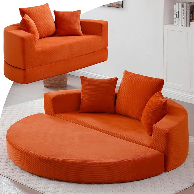 67” Foldable Couch Bed Corduroy Round Floor Couch with 3 Comfy Pillows 2 in 1 Convertible Sofa Bed for Living Room Apartment 380 LBS Capacity No Assembly (Orange)