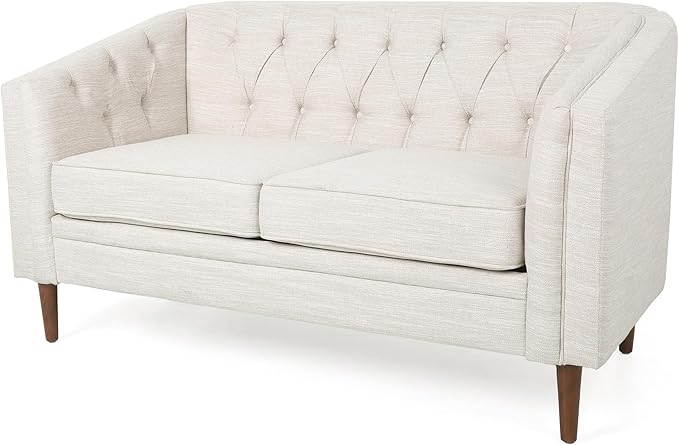 Beige Loveseat Sofa Tufted Fabric 2-Seater Curved Tub Design with Button Detailing and Birch Wood Legs Contemporary Living Room Lounge Chair