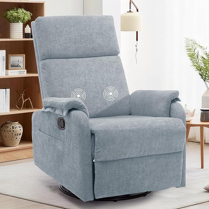 Swivel Rocking Recliner with Massage Small Glider Chair for Nursery Modern-Designed Armrests Chair for Adults Living Room Chenille Blue