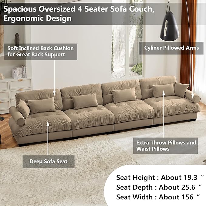 Aoowow Oversized 4 Seater Cloud Sofa Couch for Living RoomFluffy Velvet 4 Seat Cloud Couches with Deep SeatLarge Modular Sectional Sleeper Sofas with PillowsTufted(Velvet Camel 4 Seater)