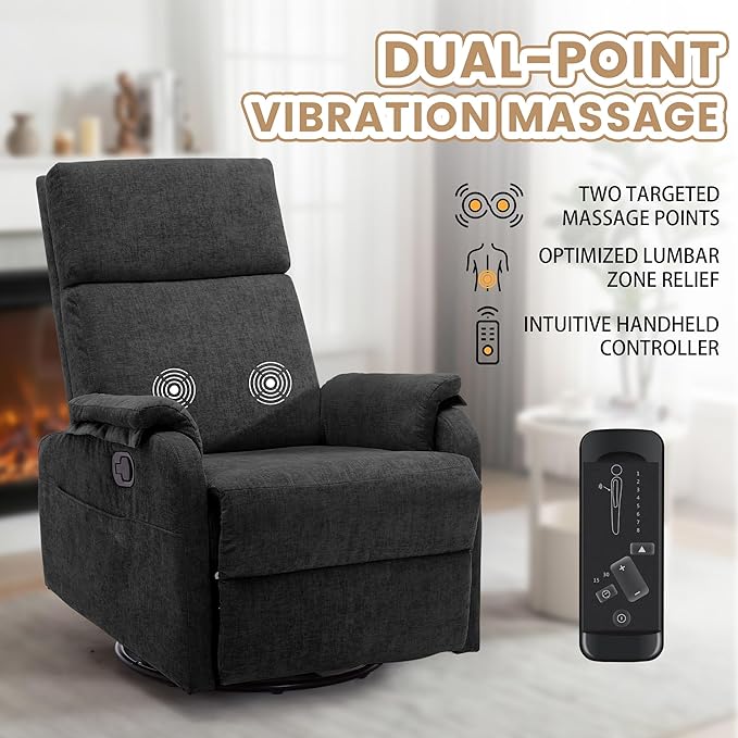 Swivel Rocking Recliner with Massage Small Glider Chair for Nursery Modern-Designed Armrests Chair for Adults Living Room Chenille Black