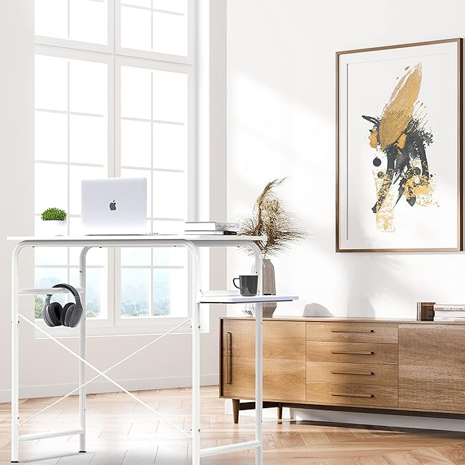 SHW Small Gaming Home Office Computer Desk with Shelf White