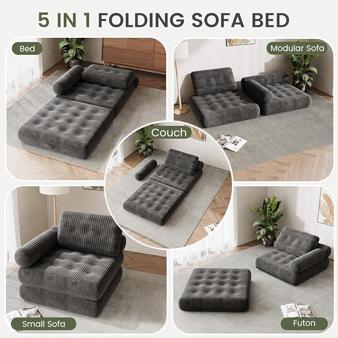 35 Folding Sofa Bed 5-in-1 Convertible Sleeper Chair Floor Mattress with Removable Armrest Boneless Couch in a Box Fold Out Futon Lounge Chair Bed for Dorm Bedroom Small Space - Grey Single
