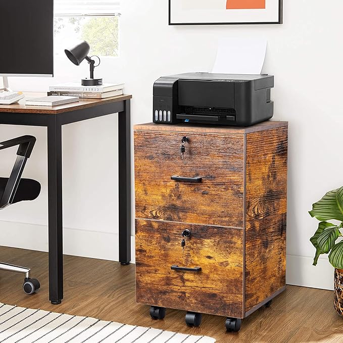 VINGLI 2-Drawer Small Rolling File Cabinet with Lock Wood Filing Cabinet for Hanging Letter Size Filings with Tabs Mobile Under Desk File Cabinets for Home Office Rustic Brown 27.2 H
