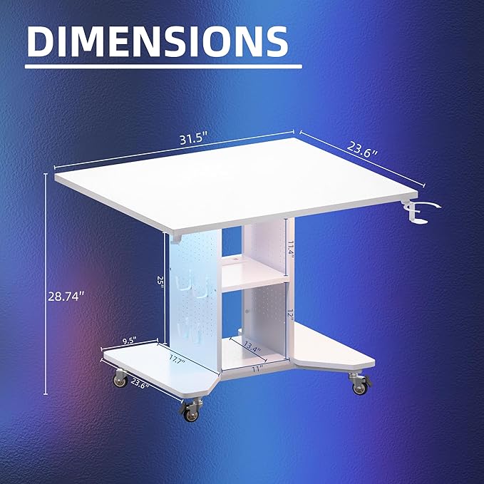 Pamray Small Rolling Gaming Desk with Led Lights Power Outlets and Storage Pegboard Small Spaces Compact PC Computer Table White