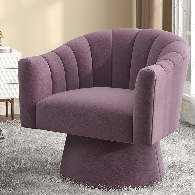 Swivel Accent ChairUpholstered Velvet 360° Swivel Barrel Chair for Living Room Overstuffed Bouncle Reading Chair Round Armchair for BedroomVanityOffice(Purple)