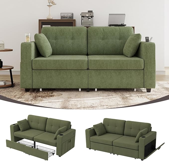 67 Small Loveseat Couch with Storage USB Charging and Cup Holder Space Saving Furniture Modern Chenille Love Seat Sofa Small Couches for Small Spaces Bedroom Apartment Olive Green