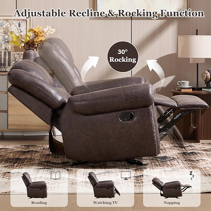 CANMOV Rocker Recliner Chair Leather Recliner Chair with Overstuffed Backrest and Armrests Manual Single Sofa for Living RoomBedroom Dark Grey