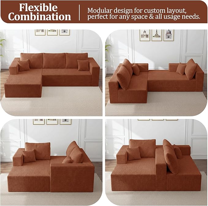 108 Modular Sectional Sofa L-Shaped Cloud Couch with Deep Seats &amp Chaise Convertible 4-in-1 Corduroy Boneless Couches for Living Room Bedroom No Need Assembly - Brown