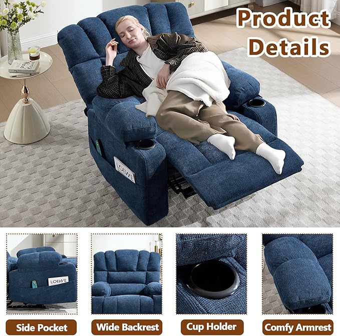 Massage Recliner Chair with Heat Blue Recliner Chair with Cup Holder for Adults Manual Reclining Chairs Large &amp Oversized Recliners for Living Room Fabric Heavy Duty (Blue)