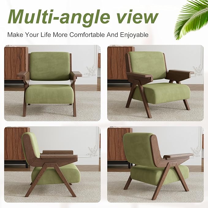 Accent Chair Set of 2 Mid Century Modern Chair Velvet Upholstered Lounge Arm Chair with Solid Wood Cozy Seating for Living Room Bedroom Balcony (Green)