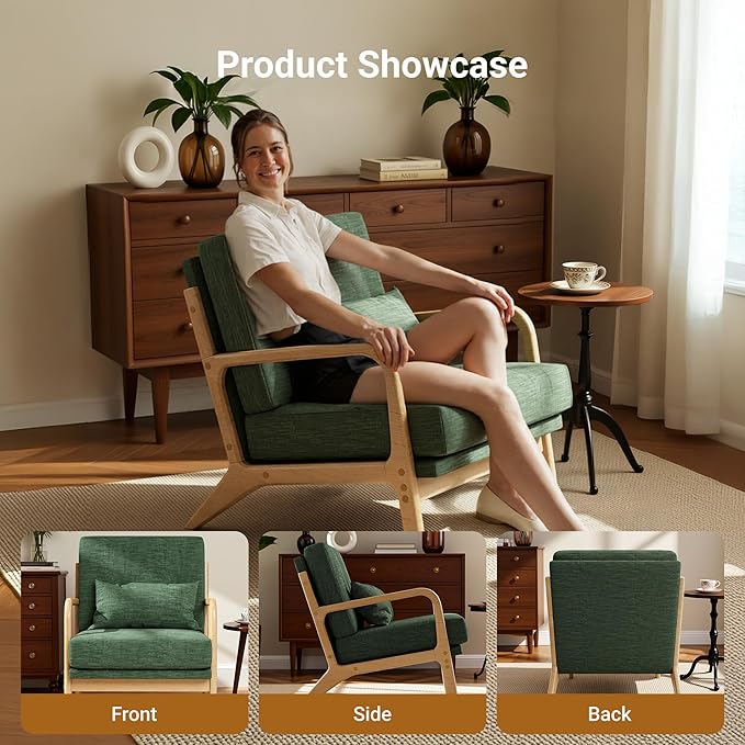 Claiks Mid-Century Modern Accent Chair Living Room Armchair with Solid Wood Frame &amp Lumbar Pillow Comfy Upholstered Lounge Chair for Bedroom Office Linen-Like Fabric Green