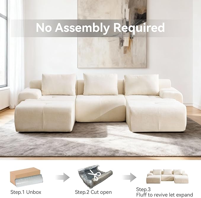 Oversized U-Shaped Sectional Sofa Cream Sectional Couch120.5 Modular Couch with 2 Ottomans Boneless Cloud Couch with Chenille Upholstery and Deep Seats No Assembly Required Beige