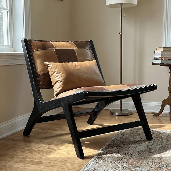 Mid-Century Modern Accent Chair Low-Profile Lounge Chair with Solid Wood Frame Faux Leather Upholstered Patchwork Design for Living Room Bedroom &amp Reading Corner(Antique Brown)
