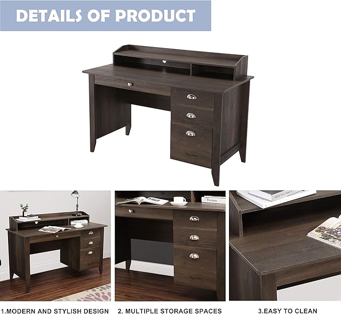 LOKATSE HOME Executive Computer Wood Desk with Drawers Home Office Writing Study Desks with Hutch
