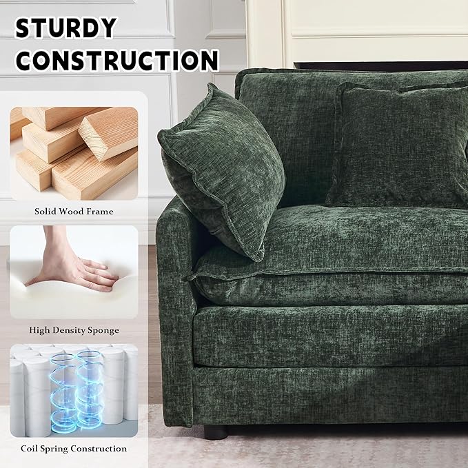 GNIXUU 76.7 Green L Shaped Cloud Couch Modern Chenille Modular 2 Seater Loveseat Sofa with Movable Ottoman Deep Seat Sectional Couch with Pillows for Small Place Living Room Apartment Office