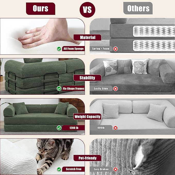 JJJ 63 inch Sofa Bed 4-in-1 Boneless Convertible Corduroy Sleeper Folding Couch with Fixed-Shape Frame and 2 Futons No Assemble Required 3 Seater Upholstered for Living Room (Olive Green 63 inch)