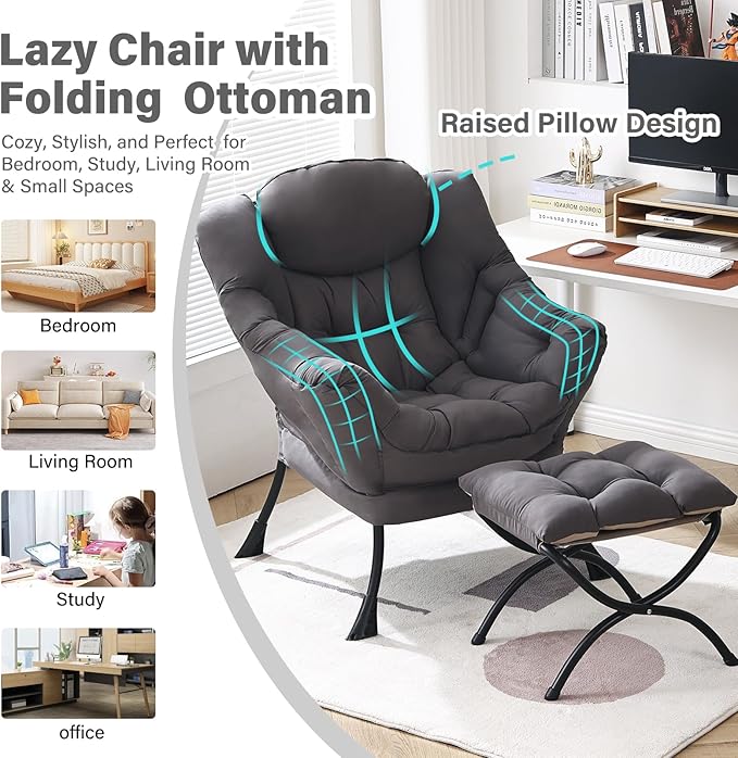 Lazy Chair with Ottoman Modern Chair with Folding Footrest Dark Grey Accent Chair Comfortable Reading Chair Oversized Armchairs for Bedroom Study Living Room Courtyard