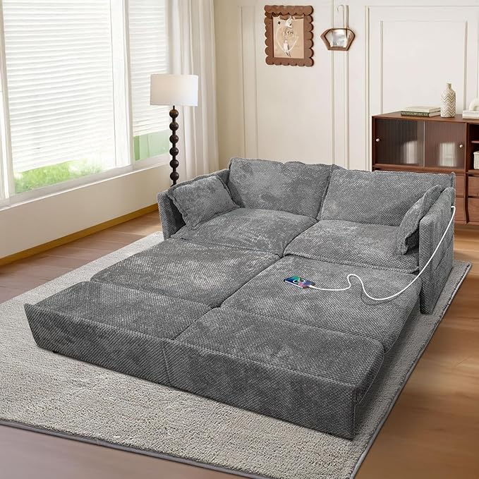 King Size Pull Out Sleeper Sofa Bed Convertible Corduroy Futon Couch with USB Ports &amp Storage Pockets Large Upholstered Loveseat Guest Bed for Living Room Grey