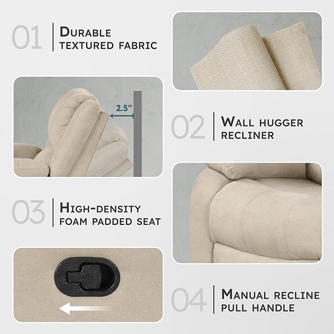 Lexicon Manual Recliner Sofa Chair Home Theater Seating Wall Hugger Manual Reclining Nursery Chair for Bedroom/Living Room/Office/Apartment Oatmeal Textured Fabric