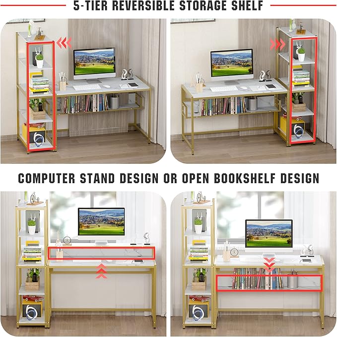 Teraves Computer Desk with 5 Tier ShelvesReversible Writing Desk with Storage 49 Inch Study Table for Home Office Independent Bookcase and Desk for Multiple Scenes (White Marbling+ Gold Frame)